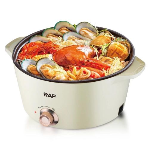 RAF Portable Multi-functional 5L+7L Temperature Control 1300W Non-Stick Electric Hot Pot-White & Brown.