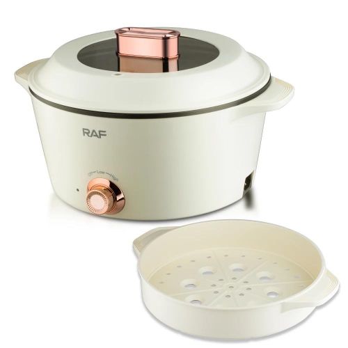 RAF Portable Multi-functional 5L+7L Temperature Control 1300W Non-Stick Electric Hot Pot-White & Brown.