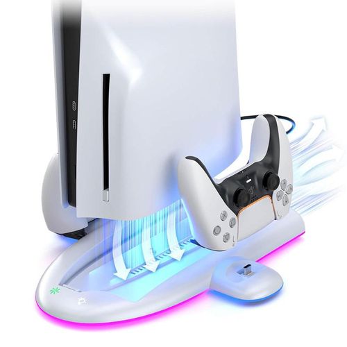 2024 PS5 Stand And Cooling Station With RGB LED Lighting And PS5 Controller Quick Charger For 5 Disc