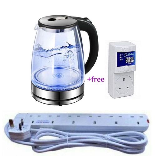 Pack Of Original 2L Glass Electric Kettle With LED Blue Light With A 6Way Power Extension Plus A Free Fridge Guard- Silver , Black