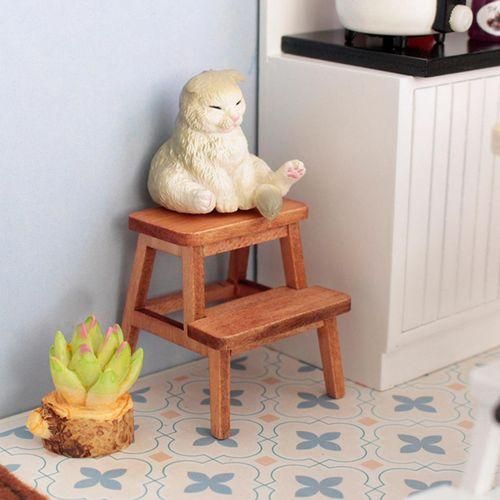 112 Dollhouse Miniature Cat Step Stool Wooden Kitten Footstool DoubleLayer Sit Chair Holding Stool White