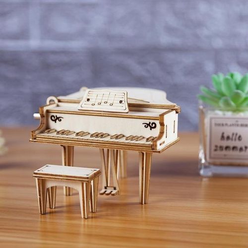 Grand Piano Wood Hand Crank Music Box Decoration 3D Wooden Puzzle Game Building Birthday Assemb Kit Mechanical Model