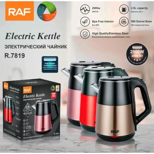 RAF 2.5L Electric Stainless Steel Cordless Kettle Double Layer Tea Kettle with Scaled Window Water Kettle And360 Degree Rotating Base