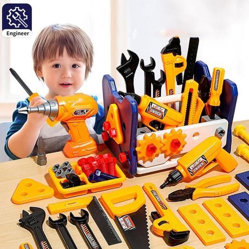 Children Pretend Play Repair Tools Play Game 2 In 1 DIY Toolbox Chair Toy Plastic Construction Screw Tools Toys for Boys