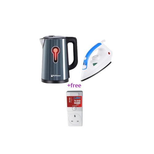 Hoffmans Pack Of Original 2.5Ltrs Electric Tea Kettle For Boiling Water Stainless Steel Double Wall Hot Water Boiler with Automatic Shut Off & Boil-Dry Protection Plus A Steam & Dry Flat Iron And A FREE 13A Voltage Protection TV Guard Adaptor- Multicolor