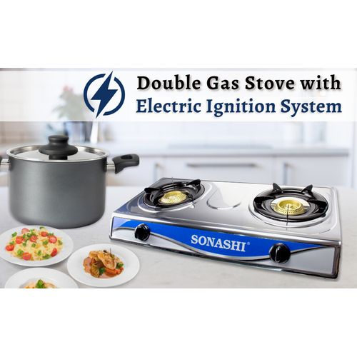 Sonashi Double Gas Stove With Electric Ignition - Silver