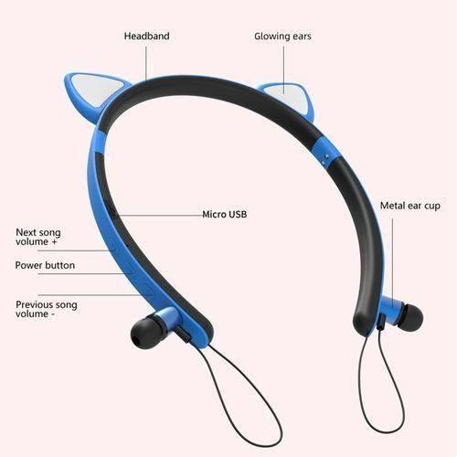 Headhand Cat Ear Wireless Tooth Headset Headphones Mic Speaker Blue