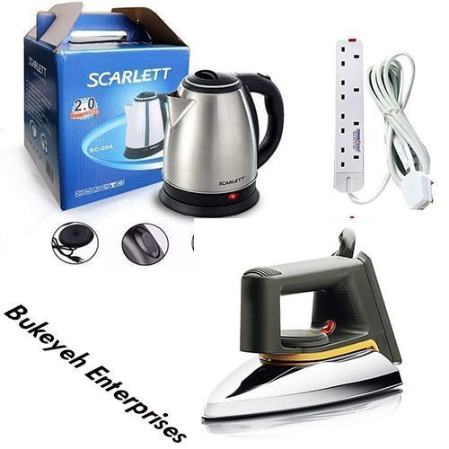 Bundle of Scartle Electric Kettle ,saachi Flat Iron & 4Ways power king extension