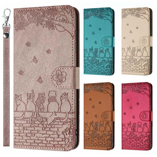Japanese and Korean Embossed Apron Cat Leather Case for Samsung S24 Phone Case S23a53/A22 Protective Case A23 Cartoon