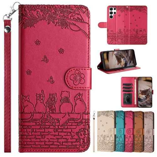Japanese and Korean Embossed Apron Cat Leather Case for Samsung S24 Phone Case S23a53/A22 Protective Case A23 Cartoon