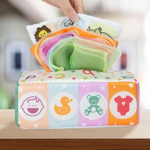 Tissue Box Toy Montessori Toys for Babies 6-12 Months Colorful Soft Scarf Infant Sensory Toys Magic Plush Tissue Box Activities Gift for Educational Preschool Kids NO5272