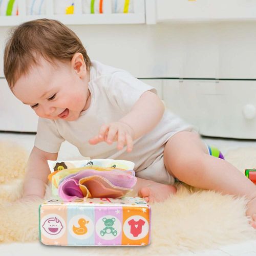 Tissue Box Toy Montessori Toys for Babies 6-12 Months Colorful Soft Scarf Infant Sensory Toys Magic Plush Tissue Box Activities Gift for Educational Preschool Kids NO5272