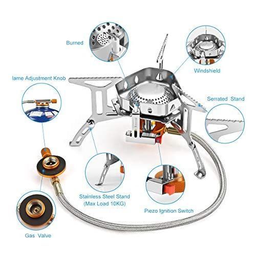Outdoor Portable Windproof Camping Gas Stove with Adapter Converter, Silver.
