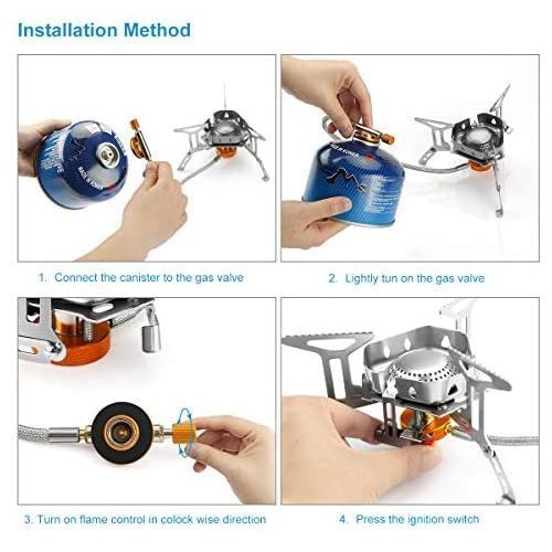 Outdoor Portable Windproof Camping Gas Stove with Adapter Converter, Silver.