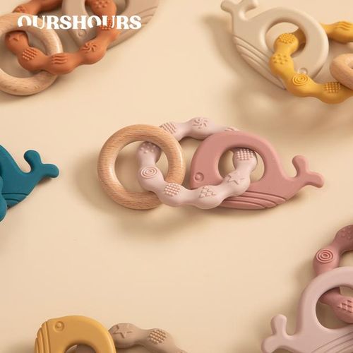 Baby Teether Toy Cartoon Silicone Pendant Wood Ring Newborn Teething Chewing Rattle Toys For Babies Accessories Bpa Free
