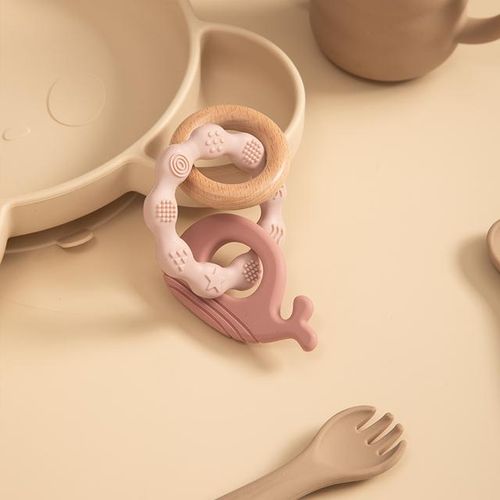Baby Teether Toy Cartoon Silicone Pendant Wood Ring Newborn Teething Chewing Rattle Toys For Babies Accessories Bpa Free