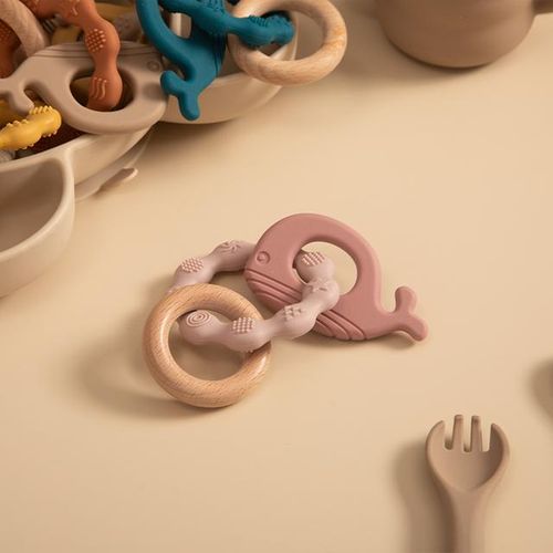 Baby Teether Toy Cartoon Silicone Pendant Wood Ring Newborn Teething Chewing Rattle Toys For Babies Accessories Bpa Free