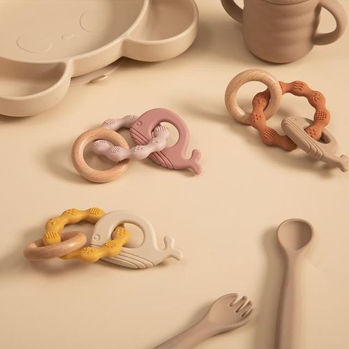 Baby Teether Toy Cartoon Silicone Pendant Wood Ring Newborn Teething Chewing Rattle Toys For Babies Accessories Bpa Free
