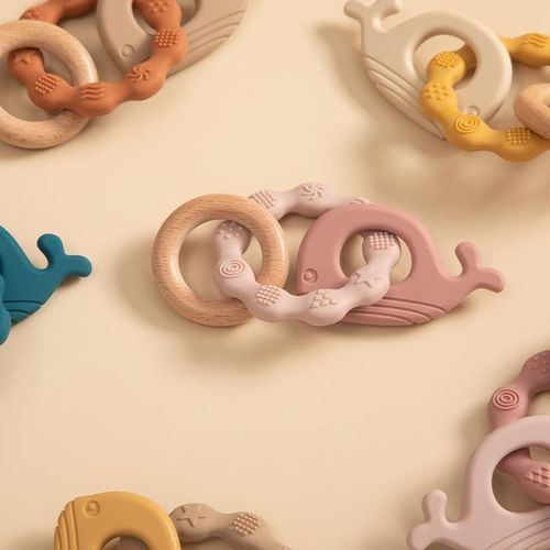 Baby Teether Toy Cartoon Silicone Pendant Wood Ring Newborn Teething Chewing Rattle Toys For Babies Accessories Bpa Free