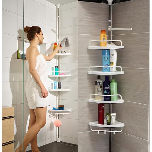 djustable 4 Tier Telescopic Shower Corner Rack Bathroom Shelf Stand With Towel Bar Shelves Hooks Rustproof Metal Rod For Storage Organizer Floor