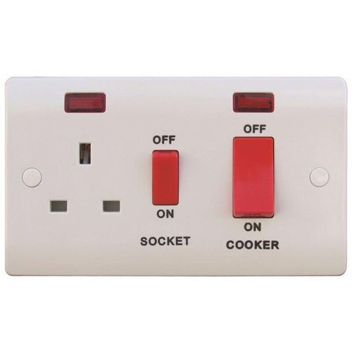 G & T Sline 1 Gang 45a Double Pole Appliance Cooker Switch & Socket With Neon 12 Years Guarantee - White