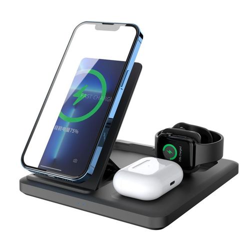 The new folding three-in-one wireless charging bracket 15W fast charging bracket is suitable for Apple mobile phone watch earphones 15W black NO5115