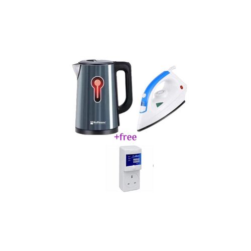 Hoffmans  Pack Of Original 2.5Ltrs Electric Tea Kettle For Boiling Water Stainless Steel Double Wall Hot Water Boiler with Automatic Shut Off & Boil-Dry Protection Plus A Steam & Dry Flat Iron And A FREE Fridge Guard High Voltage Protector- Multicolor