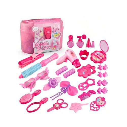 Children's play house toys, make-up mirror playset, storage suitcase, pretend makeup props with hair dryer