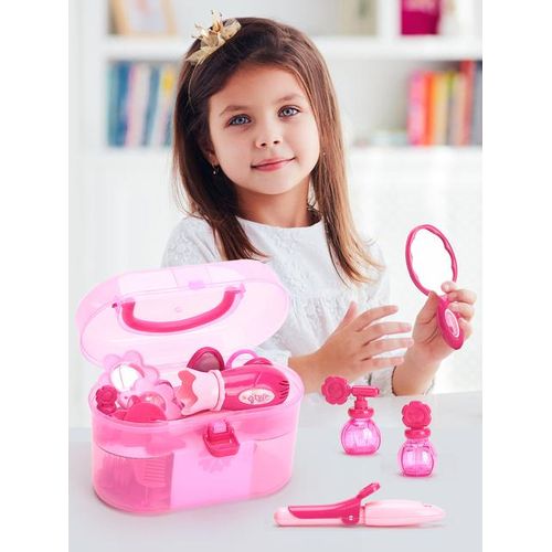 Children's play house toys, make-up mirror playset, storage suitcase, pretend makeup props with hair dryer