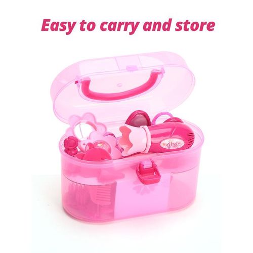 Children's play house toys, make-up mirror playset, storage suitcase, pretend makeup props with hair dryer