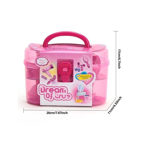 Children's play house toys, make-up mirror playset, storage suitcase, pretend makeup props with hair dryer
