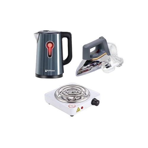 Hoffmans Pack Of Original 2.5Ltrs Electric Tea Kettle For Boiling Water Stainless Steel Double Wall Hot Water Boiler with Automatic Shut Off & Boil-Dry Protection Plus A Flat Iron With Non Stick Coating Soleplate And A Single Coil Hot Plate 1000W- Multico
