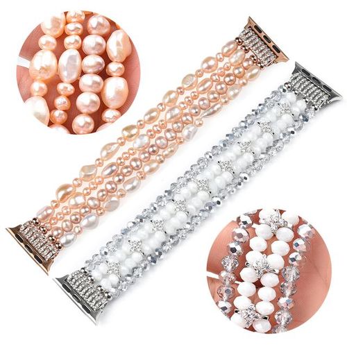 Pulsera De Reloj De Perlas Reales Para Watch 8 Pulsera De Reloj Con Cuentas Naturales Para Iwatch 7 Se Reemplazo Elástico Para Mujer 41mm 45mm 44mm