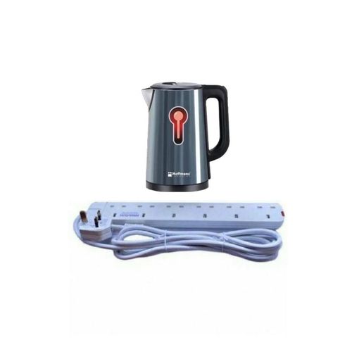 Hoffmans Pack Of Original 2.5Ltrs Electric Tea Kettle For Boiling Water Stainless Steel Double Wall Hot Water Boiler with Automatic Shut Off & Boil-Dry Protection Plus A 6 Way Original Power Extension Cable- Multicolor