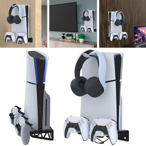 Wall Mount Bracket Game Console Base Stand Holder with Controller Holder Charger Storage Stand for PS5 Disc and Digital Edition