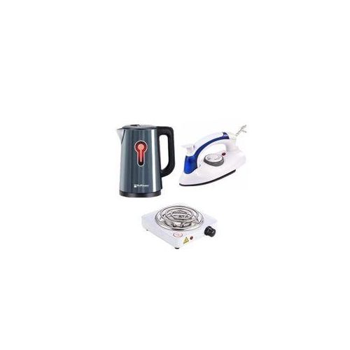 Hoffmans 2.5Ltrs Electric Tea Kettle For Boiling Water Stainless Steel Double Wall Hot Water Boiler with Automatic Shut Off & Boil-Dry Protection Plus A Mini Foldable Travel Steam Flat Iron Box And A Single Coil Hot Plate 1000W- Multicolor