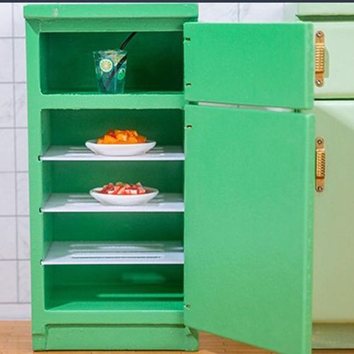 1/12 Dollhouse Miniature Kitchen Green Wooden Fridge Refrigerator Freezer For Dolls Bedroom Living Room Accessories Kids Toy