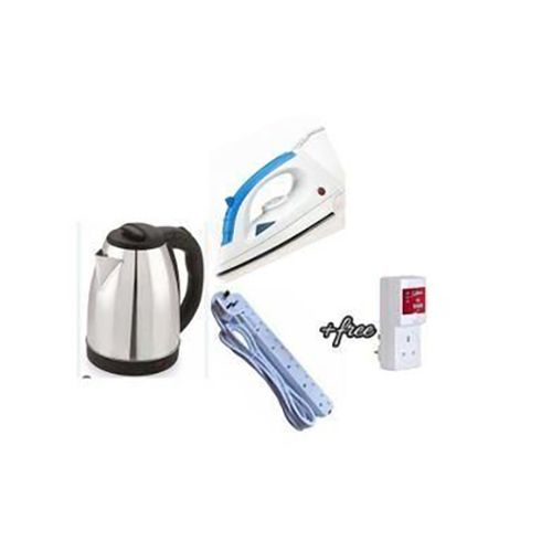 Bundle Of 2L Electric Kettle Percolator, Steam&Dry Flat Iron, 6 Ways Powerking Plus A Free TV Guard - Silver, White