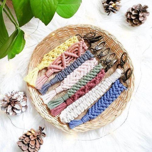 Mini Macrame Keychains Boho Macrame Bag Charms Handcrafted Accessory for Car Key Purse Phone Supplies, C