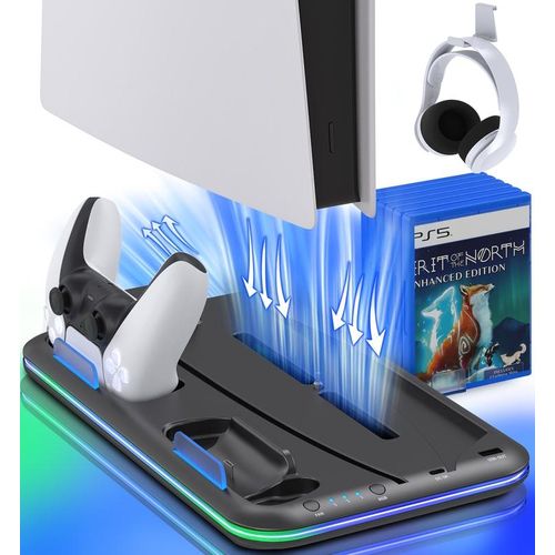 Upgrade Cooling Vertial Stand For PS5 Console with RGB Dual Controller Fast Charging Dock Station For PS5 Accessories