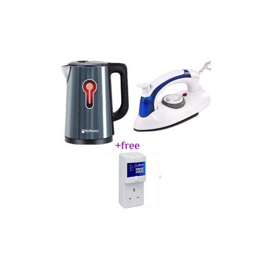 Hoffmans Pack Of Original 2.5Ltrs Electric Tea Kettle For Boiling Water Double Wall Hot Water Boiler with Automatic Shut Off & Boil-Dry Protection Plus A Mini Foldable Travel Steam Flat Iron Box And A FREE Fridge Guard High Voltage Protector- Multicolor
