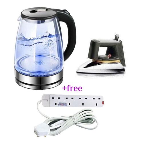 Pack Of Original 2L Glass Electric Kettle With LED Blue Light And A Flat Iron With Non Stick Coating Soleplate Plus A Free 4Way Power Extension Cable- Silver & Black
