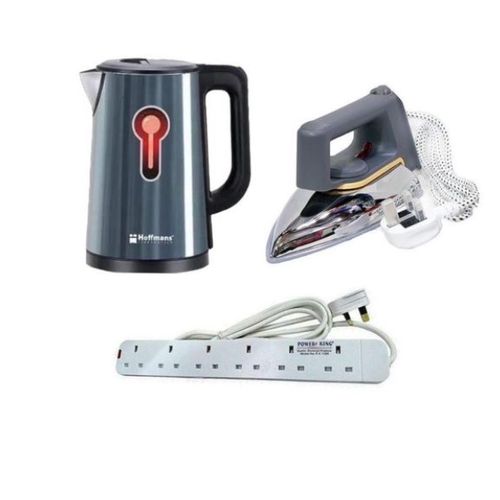 Hoffmans Original 2.5Ltrs Electric Kettle + A Flat Iron With Non Stick Coating Soleplate And A 6Way Extension Cable - Multicolor