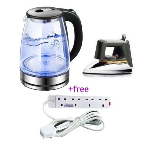 Pack Of Original 2L Glass Electric Kettle With LED Blue Light And A Flat Iron With Non Stick Coating Soleplate Plus A Free 4Way Power Extension Cable- Silver , Black
