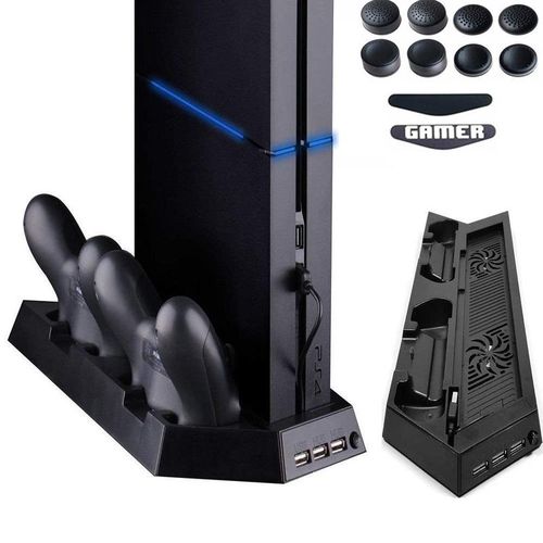 PS4 Vertical Stand Base Cooling Fan Cooler Heat Sink Dual Charging Station Storage for 4 4 V1 Controllers