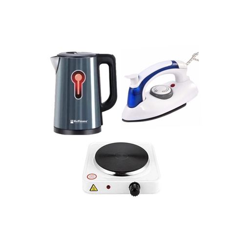 Hoffmans Pack Of Original 2.5Ltrs Electric Tea Kettle For Boiling Water Stainless Double Wall Hot Water Boiler with Automatic Shut Off & Boil-Dry Protection Plus A Mini Foldable Travel Steam Flat Iron Box And A Single Solid Electric Hotplate 1000W- Multic