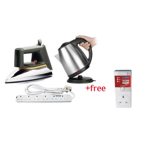 Electric Kettle 2L ,Flat Iron, & 6 Way Extension Cable Plus A Free TV Guard - Silver, White