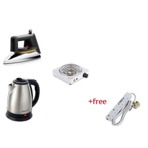 2L Electric Kettle, Flat Iron & Single Coil Hotplate Plus A Free 4 Way Extension- Silver