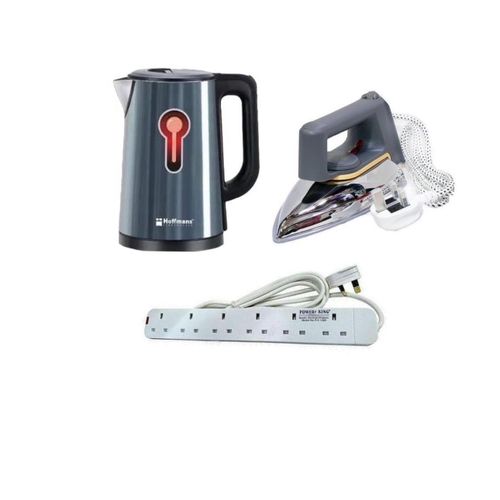 Hoffmans Pack Of Original 2.5Ltrs Electric Tea Kettle For Boiling Water Stainless Steel Double Wall Hot Water Boiler with Automatic Shut Off & Boil-Dry Protection Plus A Flat Iron With Non Stick Coating Soleplate And A 6Way Extension Cable- Multicolor
