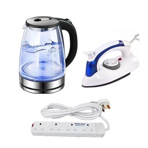 Pack Of Original 2L Glass Electric Kettle With LED Blue Light With A Mini Foldable Travel Steam Flat Iron Box And A 4Way Power Extension Cable- Silver , Black